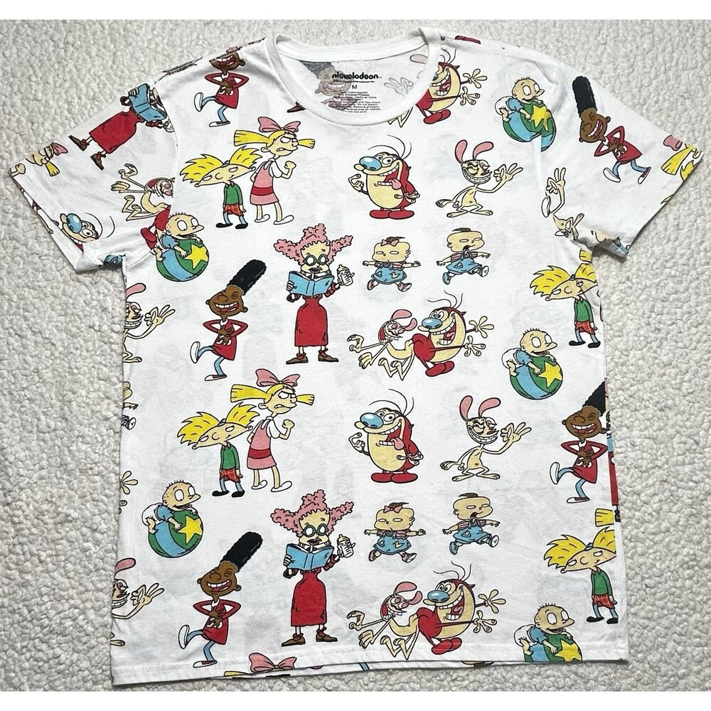 Nickelodeon 90s Cartoons All Over Print White Graphic T-Shirt Hey Arnold Size M